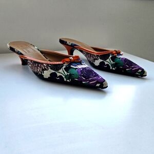 Car Shoe × Prada Pointed Canvas Floral Kitten Heel Mule Shoes